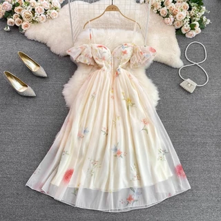 Mulher Coreana Vintage Elegante Moda Manga De Bolha Oferta De Ombro Vestido Floral Fragmentado De Verão Cintura Alta Slim Sexy Vestidos De Férias Na Praia