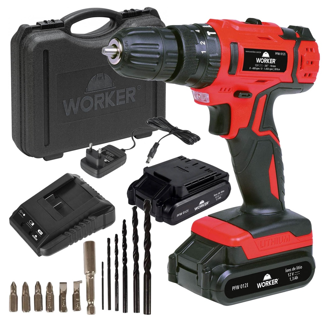 Parafusadeira Furadeira Impacto 12v Maleta Broca Bits Worker