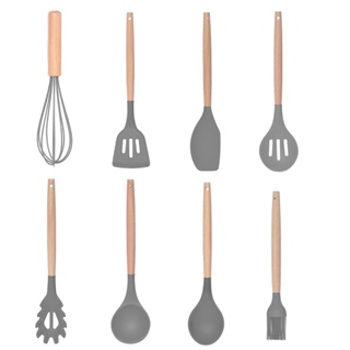 Kit Utensílios de Cozinha Em Silicone Com Cabo Em Bambu 8 Peças Grandes