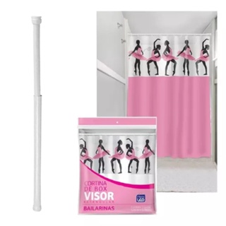 Kit Porta cortina Varão Banheiro 75 a 88Cm Cortina Box Linda 1,35 X 2,00 Com Ganchos Bailarina