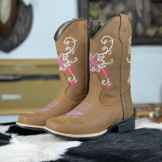 Bota Texana Country Marrom Infantil Feminina Cowgirl La Mexicana Couro Legitimo Bordado com Zíper na Lateral