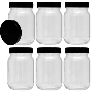 Kit 6 Pote de Vidro 267ml Com Tampa Plástica Preta Para Tempero