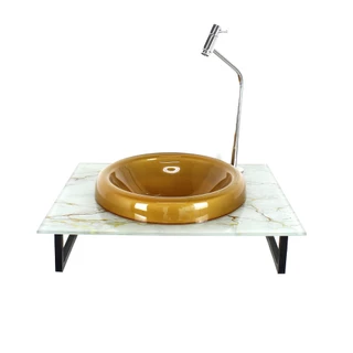 GABINETE DE VIDRO BANHEIRO 50CM COM BANCADA MARMORIZADA BRANCO DOURADO MAIS TORNEIRA CROMADA