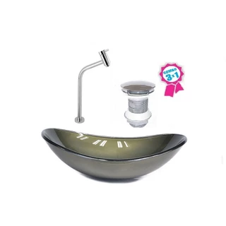 CUBA DE VIDRO OVAL 55CM OURO ENVELHECIDO VALVULA CLICK TORNEIRA METAL