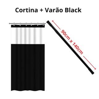 Kit Suporte Varão Preto Banheiro 90x140cm +Cortina Box Preto Vida Pratika Maxeb
