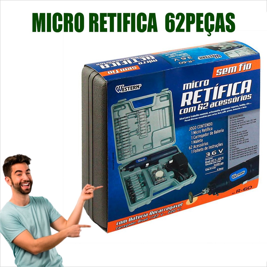 Mini Retífica Elétrica Sem Fio Com Mini Furadeira 3,6v Bivolt 62 Pçs ...