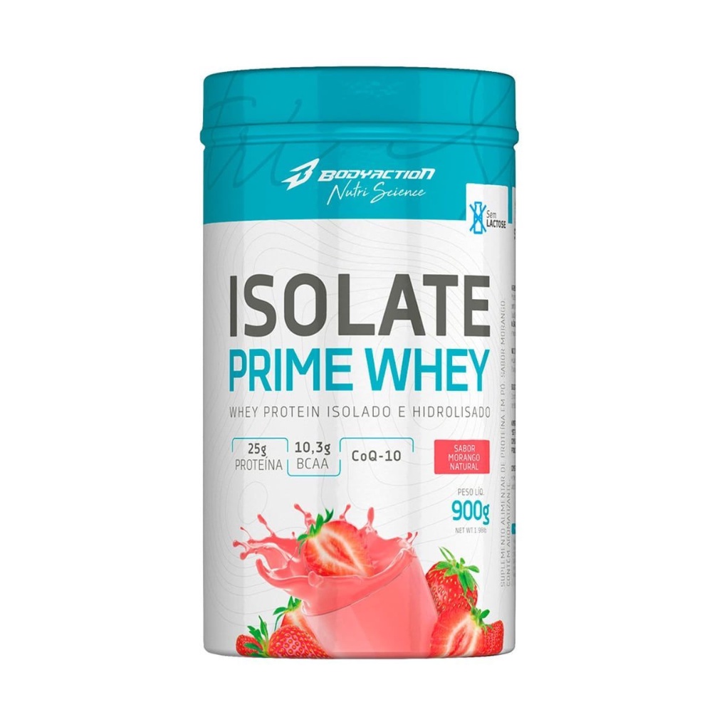 Suplemento em Pó Isolate Prime Whey 900g da Body Action – Sabor Morango – 25g De proteina – Coq-10 – Hidrolisado