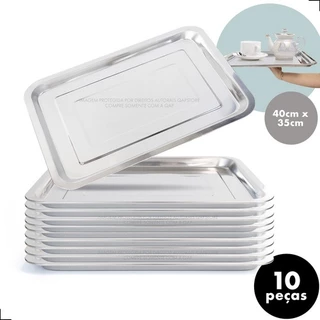 Kit 10 Bandeja Aço Inox Retangular 40x30 Rasa Restaurante