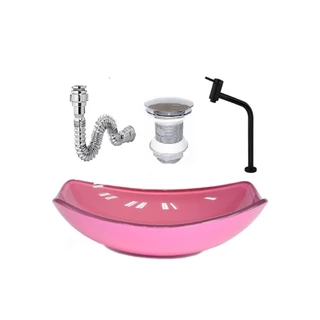 CUBA DE VIDRO OVAL CHANFRADA 46CM ROSA + VALVULA + TORNEIRA METAL PRETA + SIFAO