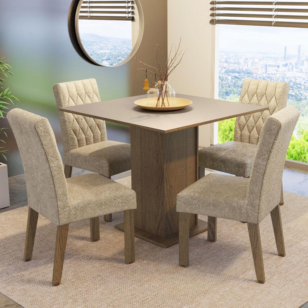 Conjunto Mesa de Jantar Redonda Cecília Amadeirada Natural 120cm com 4  Cadeiras Estofadas Isabela Cinza