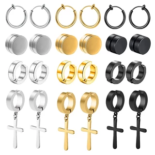Conjunto De Brincos Com Clipe Magnético , 12 Peças , Para Homens E Mulheres , Aço Inoxidável , Cruz , Huggie , Joias Sem
