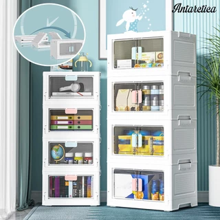 [AAI] Caixa De Armazenamento De Livros Dobrável Transparente De 4 Rodízios Com Tampa Flip Frontal Empilhável Para Crianças Organizador De Brinquedos Casa Suprimentos