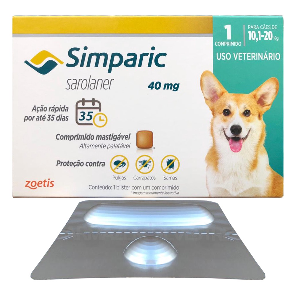 Simparic 10 a 20 Kg 40mg 1 Comprimido Mastigável Palatável Pulgas ...