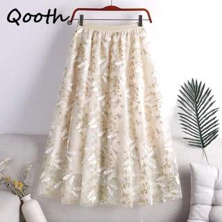 Qooth Women Bordado Borboleta Tulle Gauze Saia Elegante Elástica Doce Cintura Midi Floral De Malha Para Primavera Verão QT2167