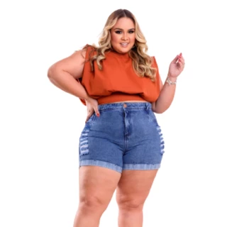 Bermuda Short Jeans Plus Size Feminino Perna Dobrada Destroyed