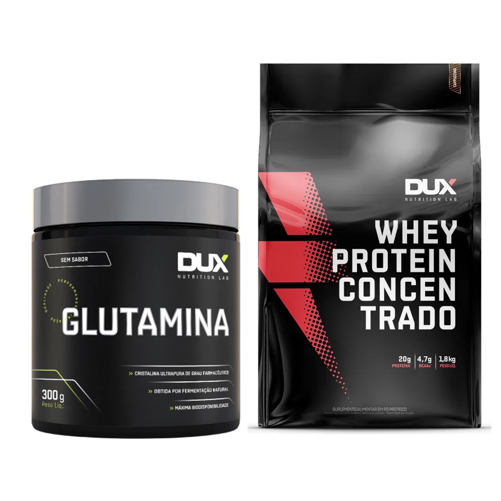 Kit com 1 Glutamina 300g + 1 Whey Protein Concentrado Refil em Saco Sabor Cookies de 1.8Kg – Dux Nutrition