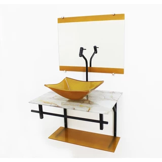 GABINETE DE VIDRO 60CM AP COM CUBA QUADRADA MÁRMORE BRANCO DOURADO