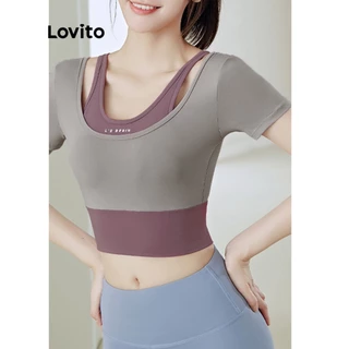 Lovito Sutiãs Esportivos com Letras e Padrão de Blocos de Cor Simples para Mulheres LNA13056 (Roxo/Azul/Preto)
