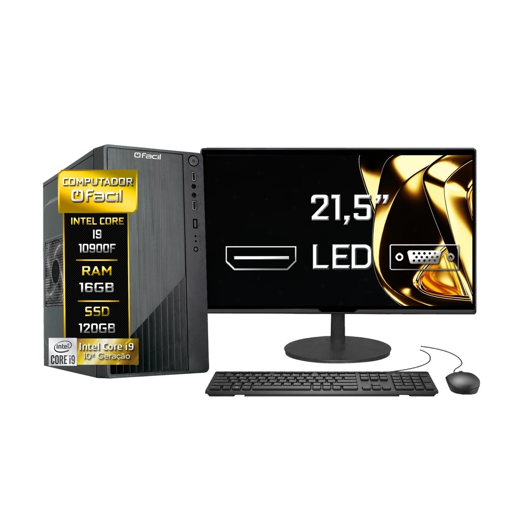 Computador Completo Fácil Intel Core i9 10900F (10ª Geração) 16GB DDR4 Geforce Nvidia SSD 120GB Monitor 21,5" Led
