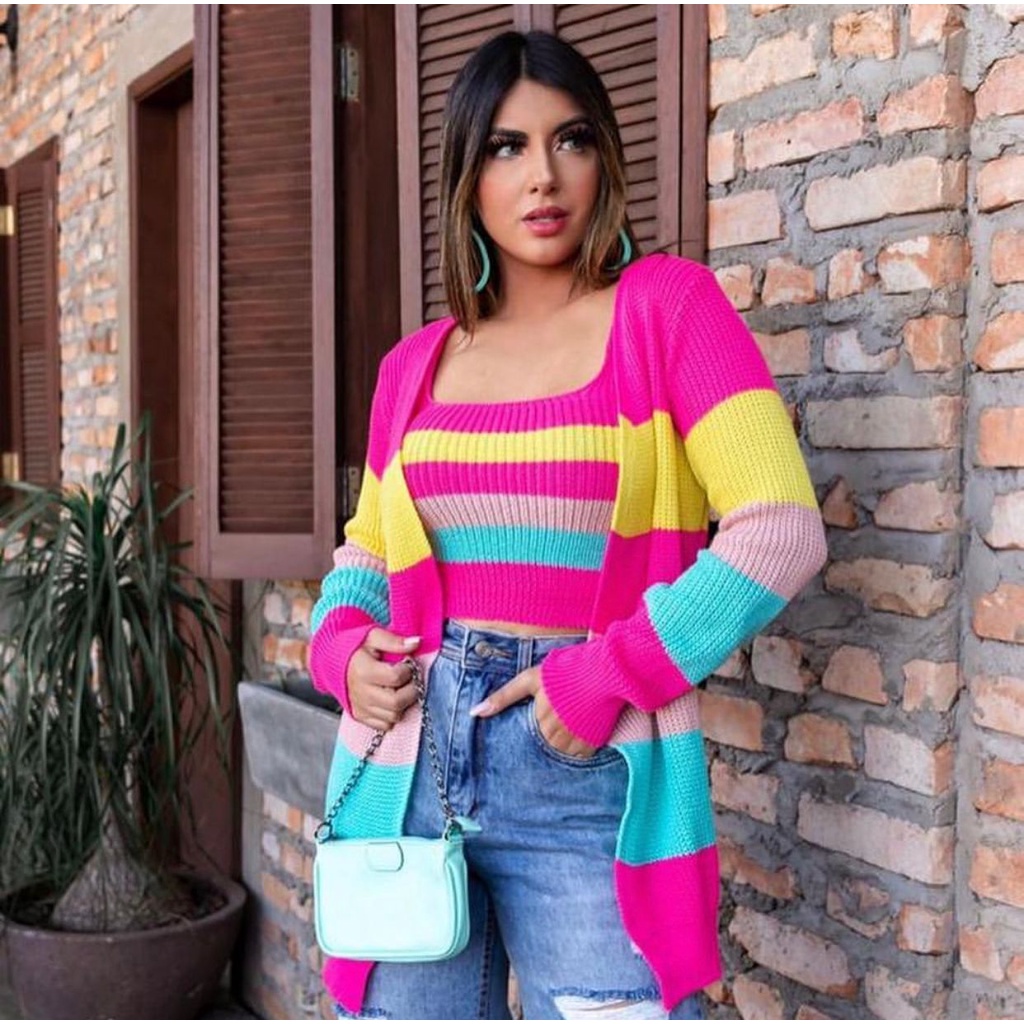 Conjunto Feminino Twin Set Colorido Tricot Kimono + Cropped