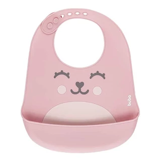 Babador Silicone Com Pega Migalhas Gumy Rosa Botão Ajustável Design Divertido Para Refeições do Bebê