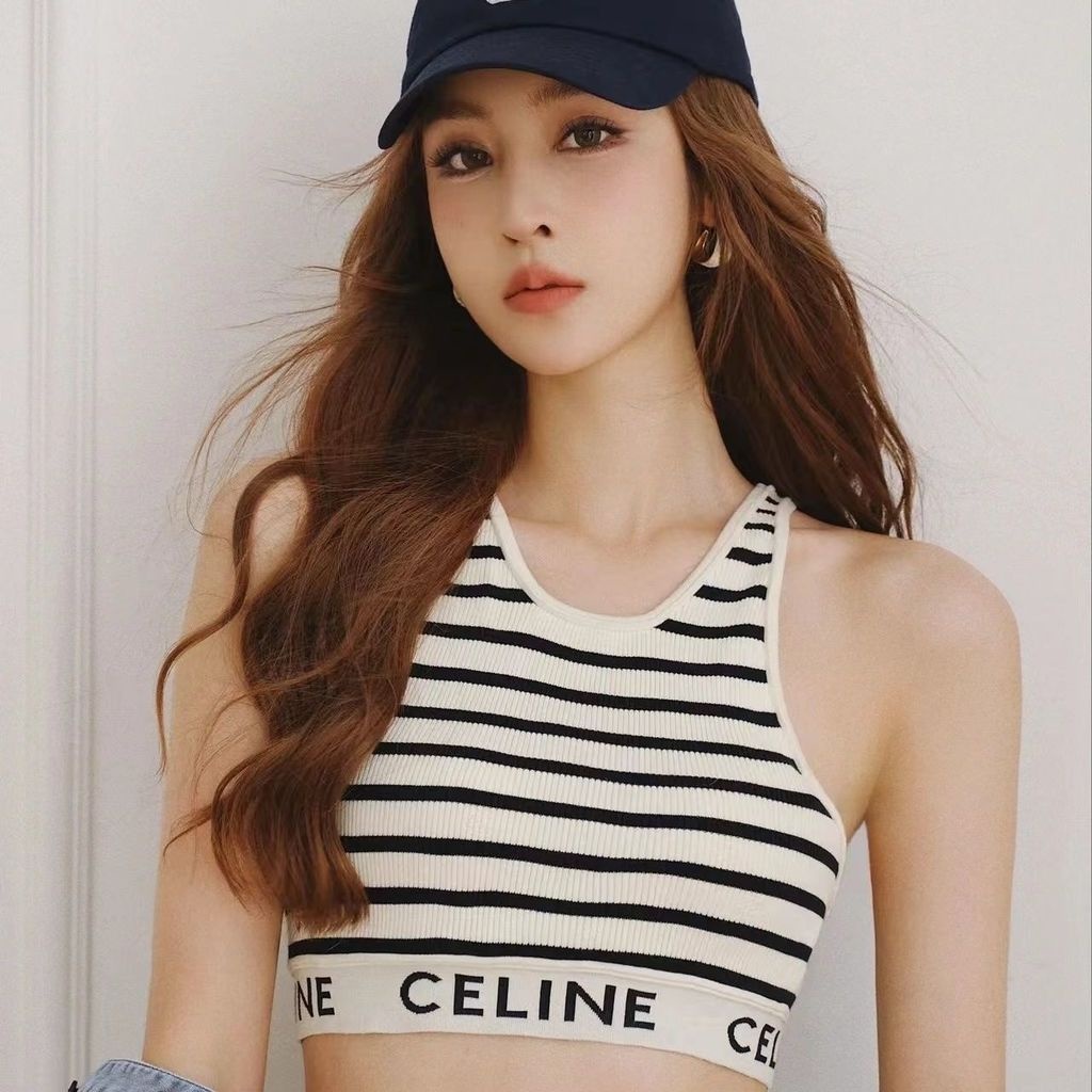 [Modelo De Tiro Real Vestir Colete De Listras Celine Suspender Moda Feminina