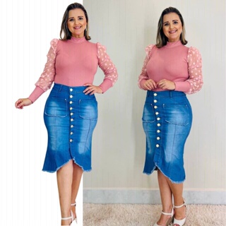 Saia Jeans Moda Evangélica Midi Zíper Lateral Ref.177 - Anagrom