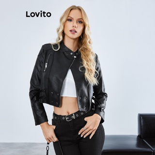 Lovito Casual Jaqueta Pu Lisa para Mulheres LBE01020 (Preto)