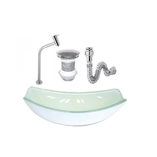 CUBA DE VIDRO OVAL CHANFRADA 46CM BRANCA + VALVULA + TORNEIRA + SIFAO
