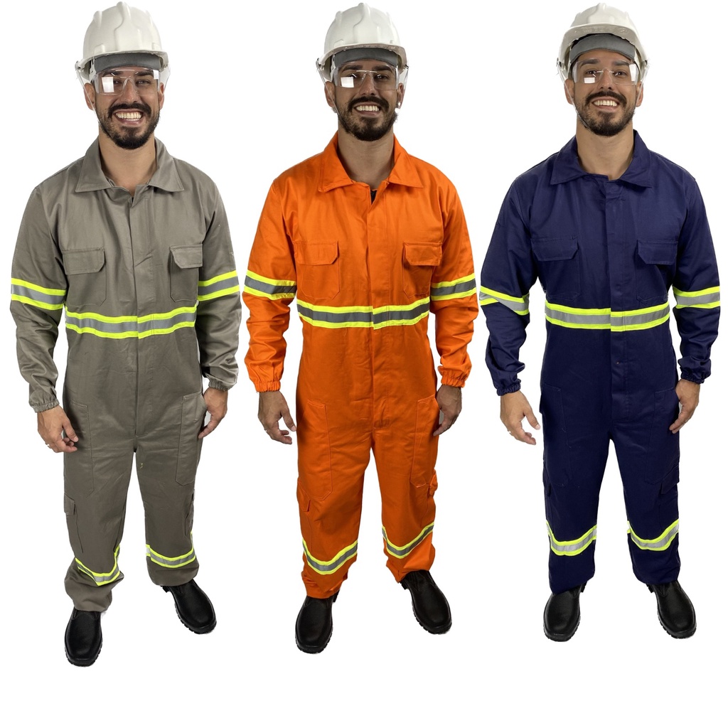 Macação REFORÇADA de Brim Pesado com Faixa Refletivo Uniforme Profissional de Trabalho Sinalização Para Industria Pedreiro Eletricista Soldador Construção Serralheiro