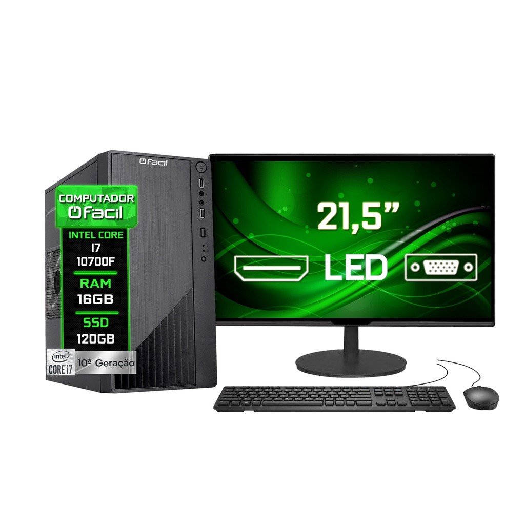 Computador Completo Fácil Intel Core i7 10700F (10ª Geração) 16GB DDR4 Geforce Nvidia SSD 120GB Monitor 21,5" Led