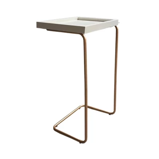 Mesa Apoio Lateral Sofá Branca Bandeja Porta Copos Base Metal Dourada Decoração Sala