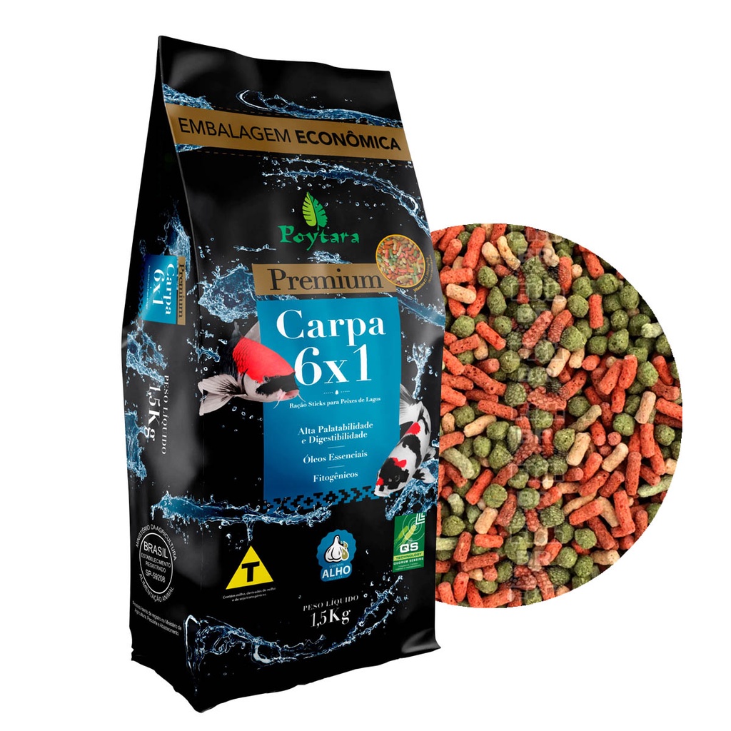 Ração Poytara Premium Carpas 6X1 Sticks Peixes Lagos 1,5Kg