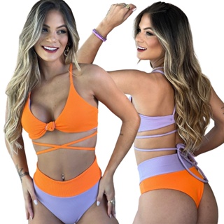 Biquini Cos Alto Calcinha Hotpants Forrado Top Dupla Face