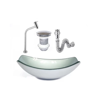 CUBA DE VIDRO OVAL CHANFRADA 46CM PRATA + VALVULA + TORNEIRA + SIFAO