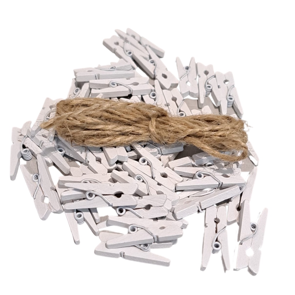 Kit 50 Mini Pregadores em Madeira + Cordão 1.5 Metro