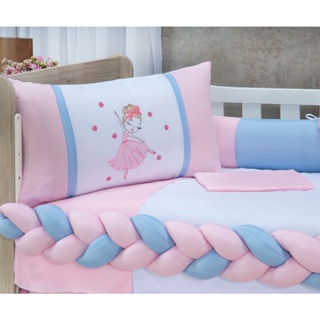 Kit Berço de Menina Rosa 11 Peças Com Trança, Mosquiteiro e Saia de Berço (Vários Modelos)