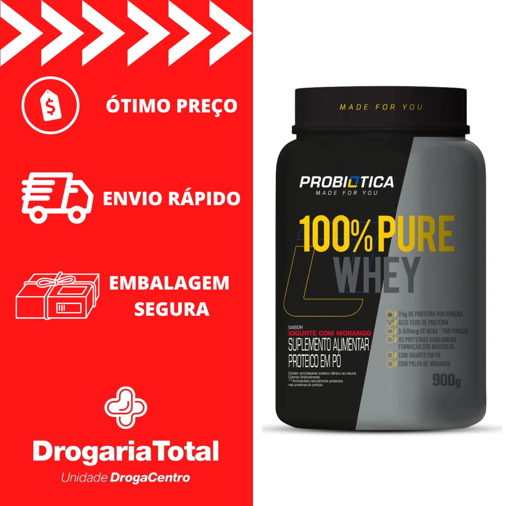 Whey 100% Pure Whey Probiótica Pote 900g Sabor Iogurte com Morango Suplemento Alimentar