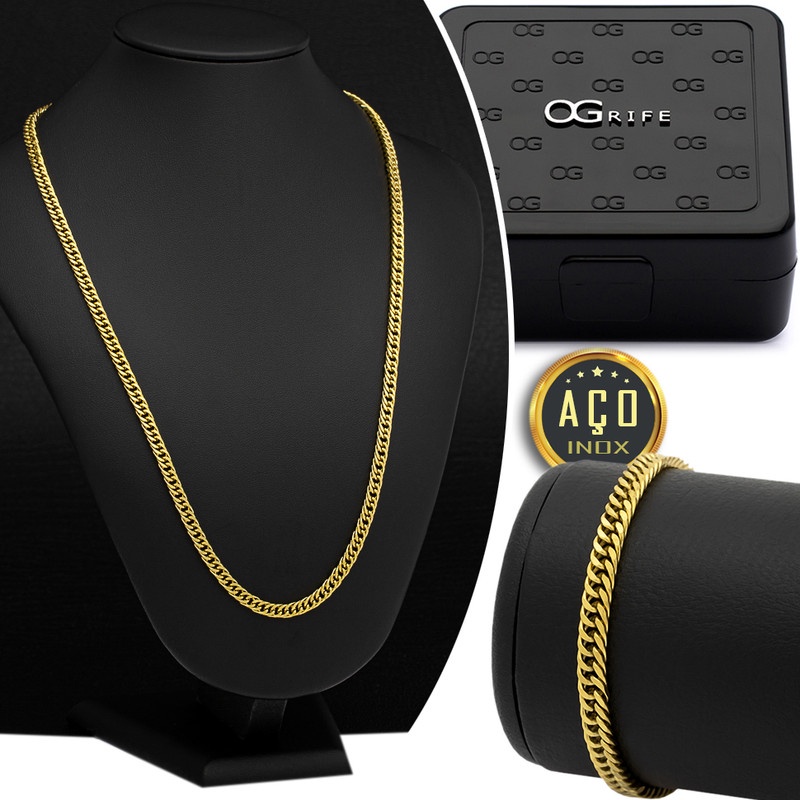 Corrente Cordão Aço Inox Banhado Ouro CJ-98 + Pulseira OGrife