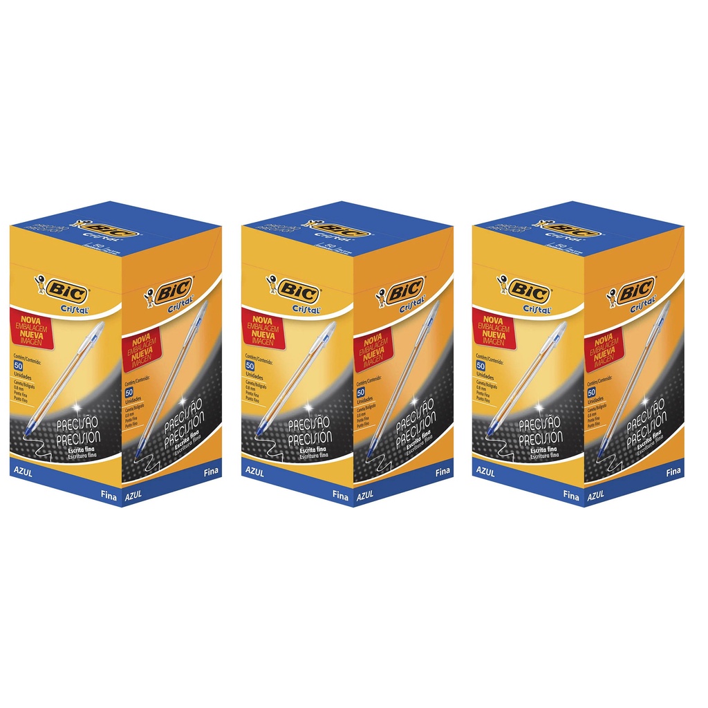 3 Caixas Caneta Bic Escrita Fina Azul Caixa C/50 Unidades