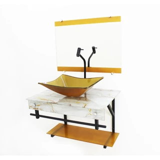 GABINETE DE VIDRO 60CM APX COM CUBA RETANGULAR MÁRMORE BRANCO DOURADO