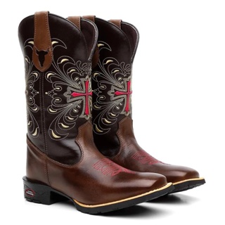Bota Botina Texana Feminina Country com Cruz Rosa em Couro