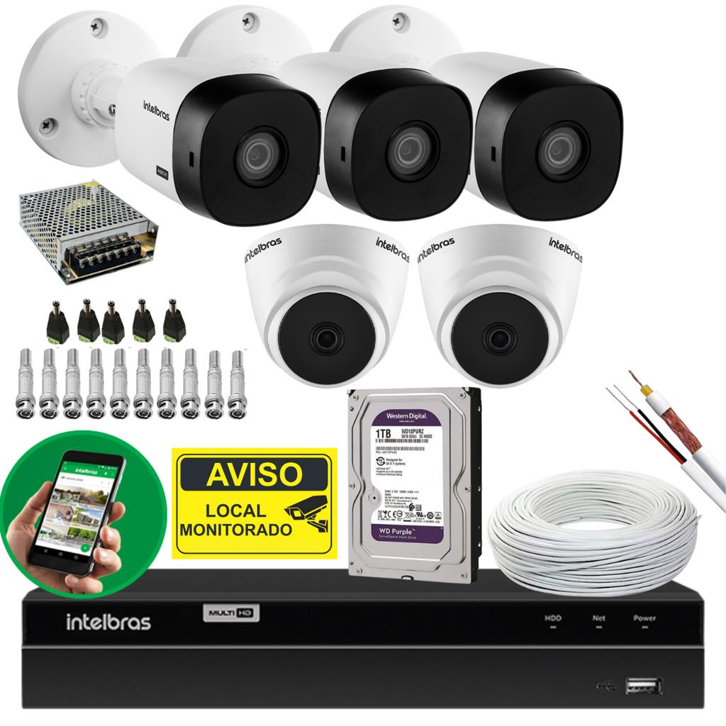 Kit Intelbras 5 Câmeras HD + DVR 8 Canais + HD 1TB + Cabos e Acessórios Completo