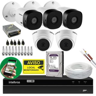 Kit Intelbras 5 Câmeras HD + DVR 8 Canais + HD 1TB + Cabos e Acessórios Completo