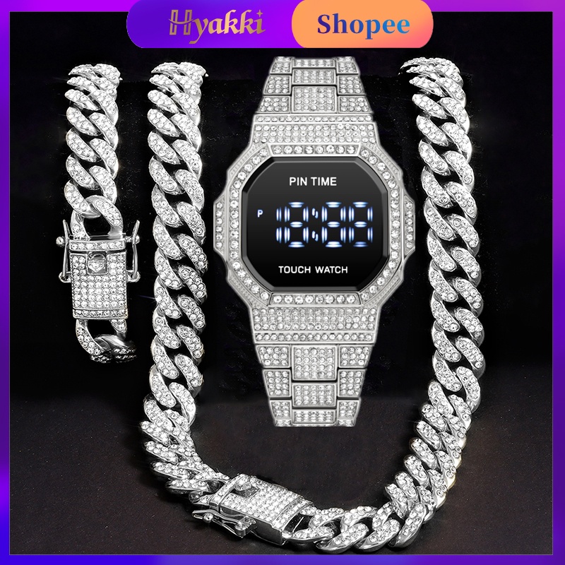 HYAKKI Relógio Digital masculino com corrente ice relógio cravejado Pulseira Hiphop Diamante colar masculino ice cravejado