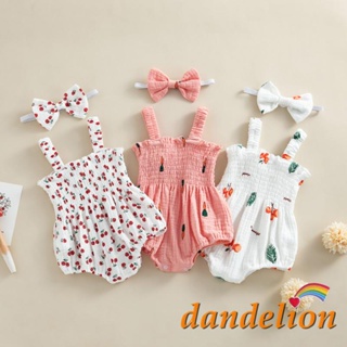 * 0-18 Meses Baby Girl Summer Sleeveless Cherry/Carrot/Tree Print Romper Com Fita De Cabeça
