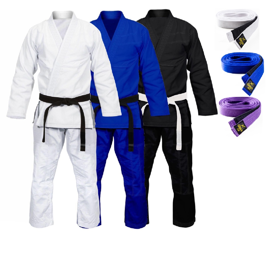 Kimono Jiu jitsu Trançado Pesado (720 gr/m linear 450 gr/m2) - quimono Com Faixa (Branca, Azul, Roxa) - XGear