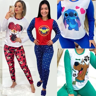 Pijama Feminino Manga Longa e Calça Luxo Inverno Personagens
