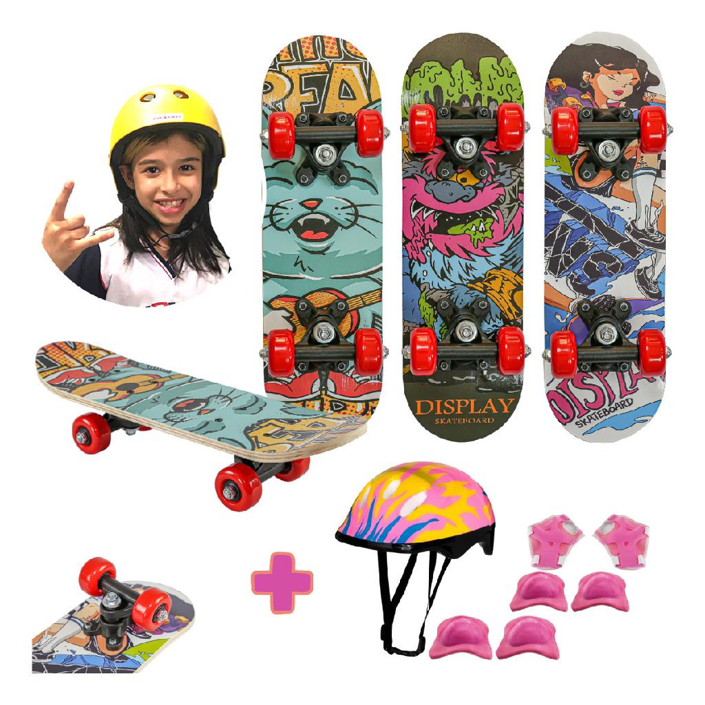 Mini Skate Infantil Feminino com Kit Proteção Completo e Capacete Rosa ...