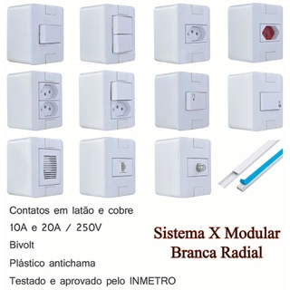 Conjunto Tomada e Interruptores 10A/20A Sobrepor Sistema X Modular Branca Radial